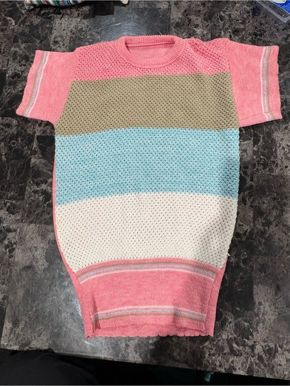 Vintage Bel-Amio Colorblock Textured Knit Top Pastel Pink Blue XS Retro 70s